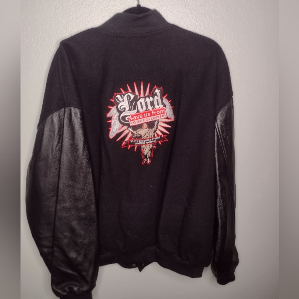 Bishop Wool Leather Varsity Jacket XL Lord Save Us Embroidered Bomber Black